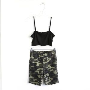 New 2 piece set black camo sport activewear tank top biker shorts green military